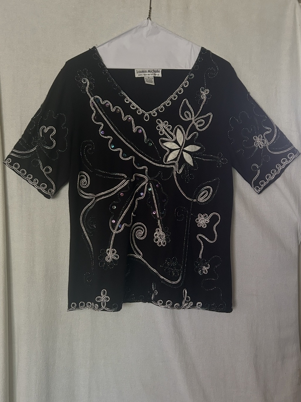 Lauren Michelle Black Short-Sleeve Blouse with Silver Embroidery